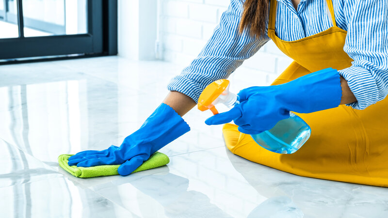 Wife housekeeping and cleaning concept, Happy young woman in blu