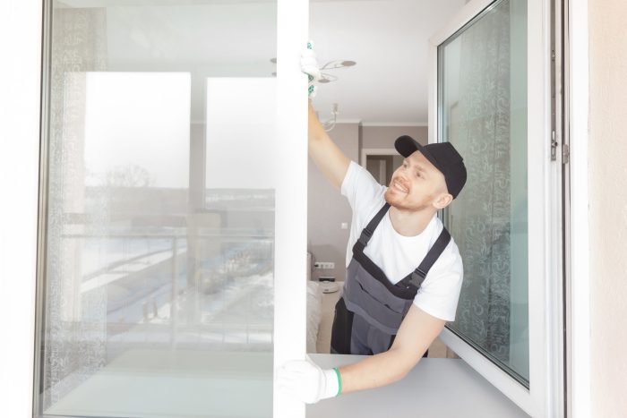 Worker man installs plastic windows and doors with double-glazed white